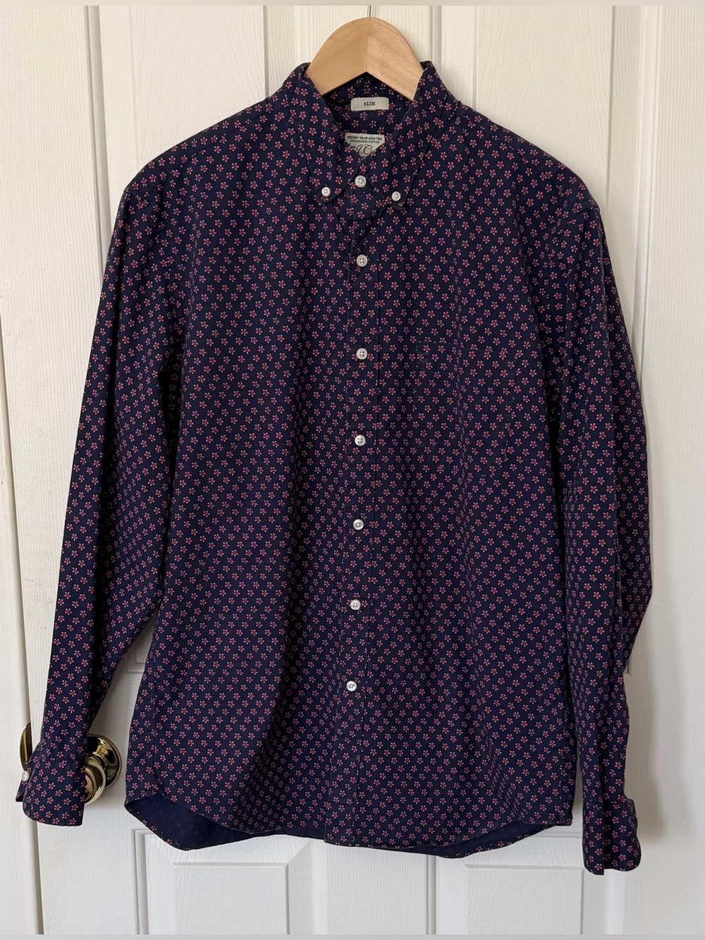 J. Crew Navy Button-Down Shirt with Pink Micro Floral Print